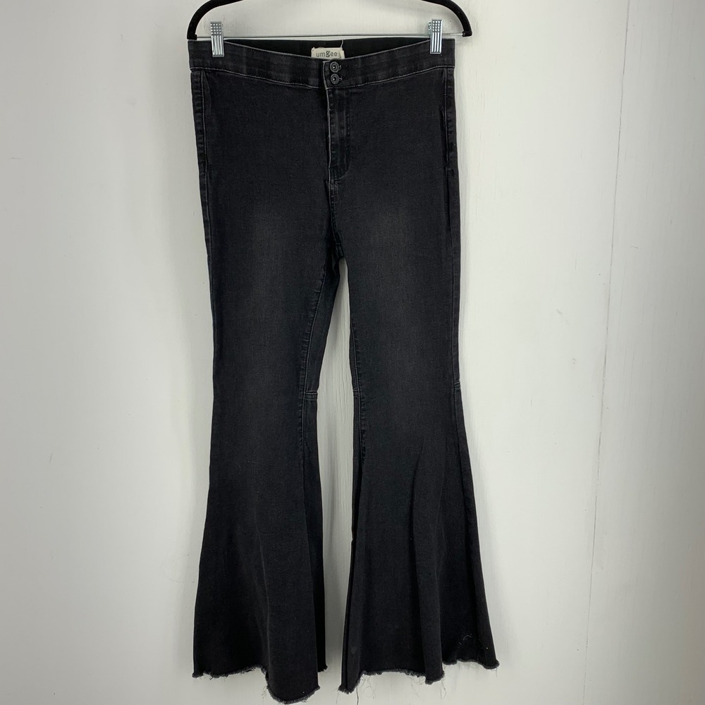 Umgee Jr 7 Black High Rise Extreme Flare Bell Bottom Jeans Raw Hem Boho Hippie